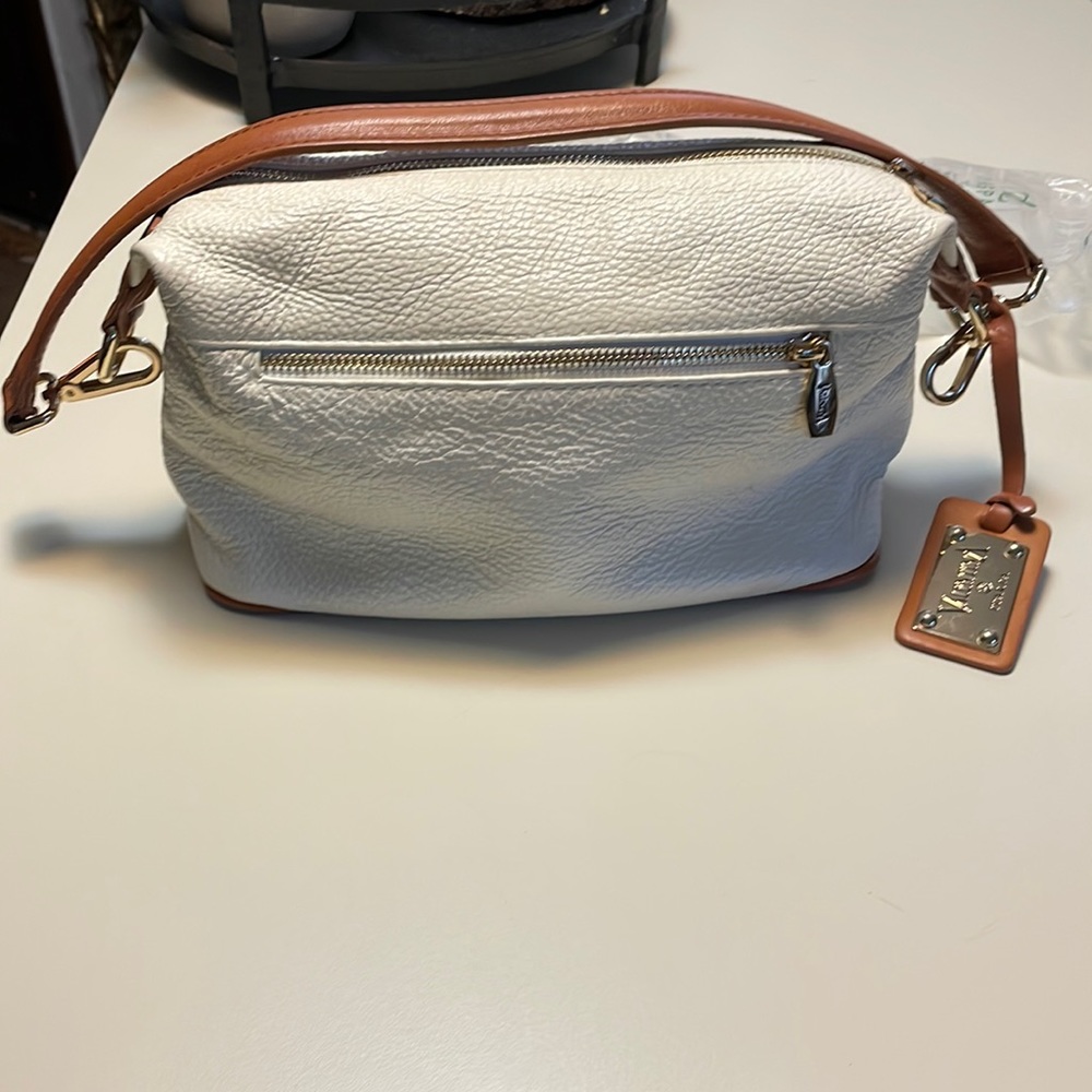 Valentina White/Brown Leather Shoulder Bag w/Gold Hardware